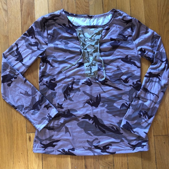 SOLD Camo Lace Up Shirt in shades of brown - Picture 2 of 3